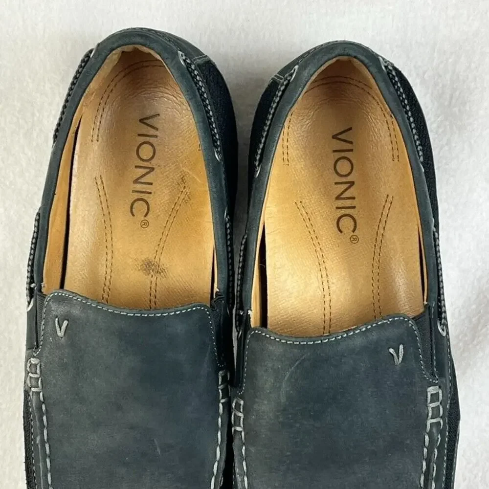 Vionic Shoes Mens Size 12 Earl Loafers Slip On Moc Toe Black Nubuck Leather